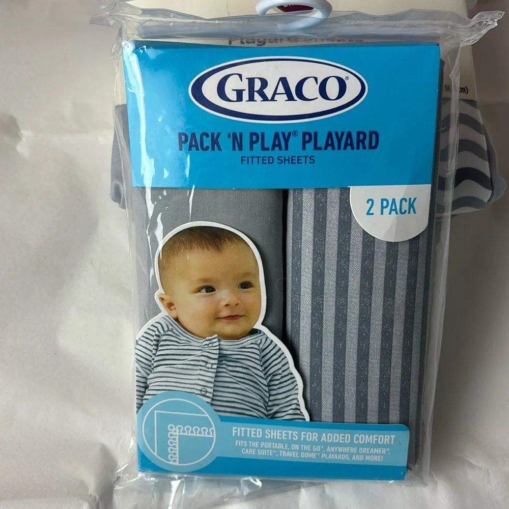 Set of 2 Graco Pack ‘n Play Playard fitted sheets fits most Pn’P stripes gray